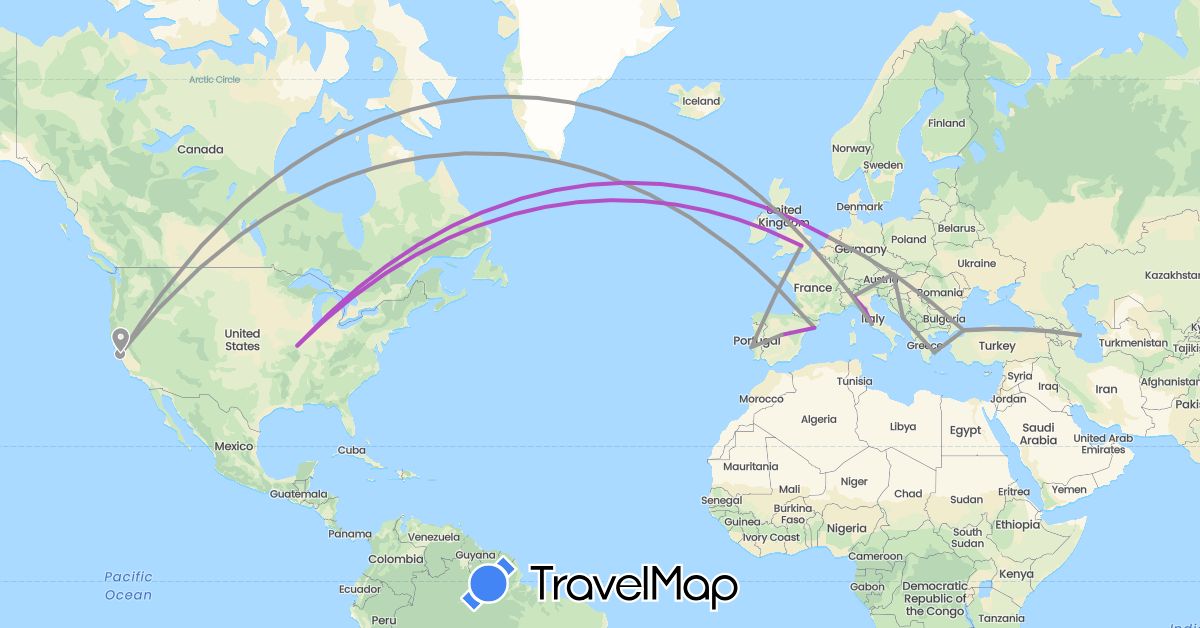 TravelMap itinerary: driving, plane, train in Austria, Azerbaijan, Belgium, Spain, United Kingdom, Greece, Croatia, Italy, Netherlands, Portugal, Turkey, United States (Asia, Europe, North America)